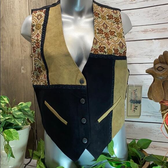 Katch Me Retro BoHo NWT Biker Vintage Cowboy Suede Leather Tapestry Vest L G - Picture 1 of 8